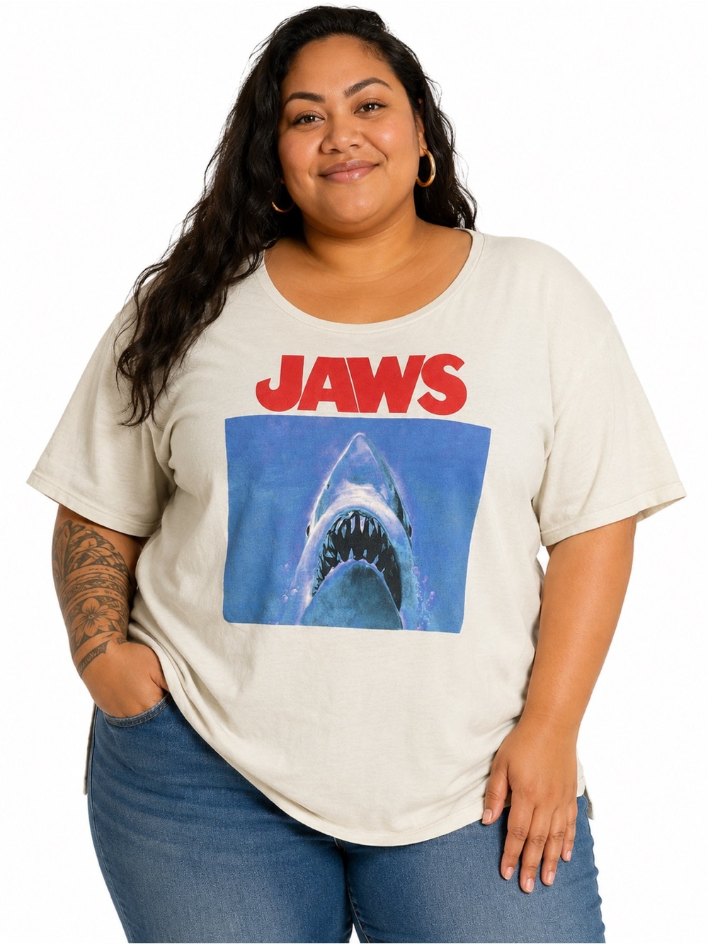 JAWS Movie Graphic T-Shirt – Women’s 3X – Cream Short Sleeve Shark Tee